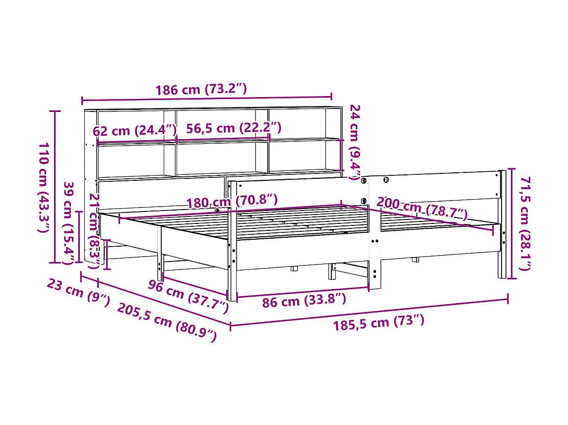 Cama con estantería sin colchón madera maciza blanca 180x200 cm