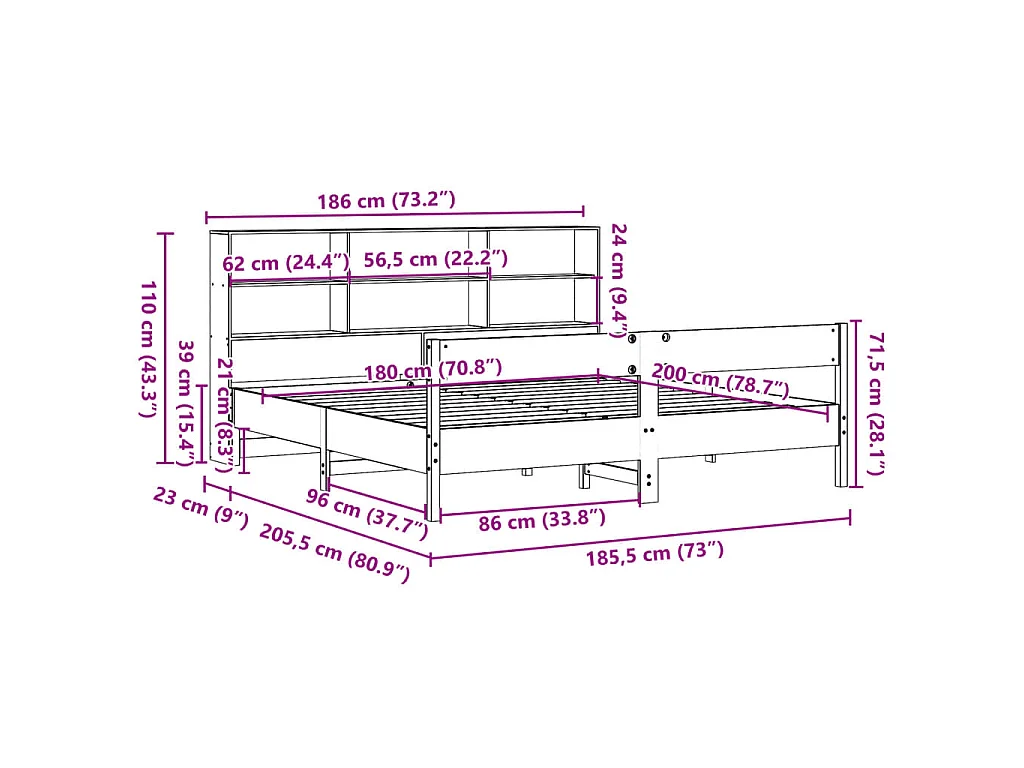 Giroletto con Libreria senza Materasso 180x200 cm in Legno Pino