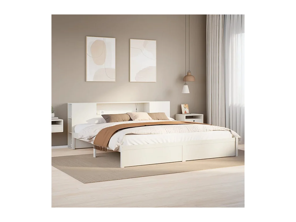 Lit bibliothèque sans matelas blanc 200x200 cm bois pin massif