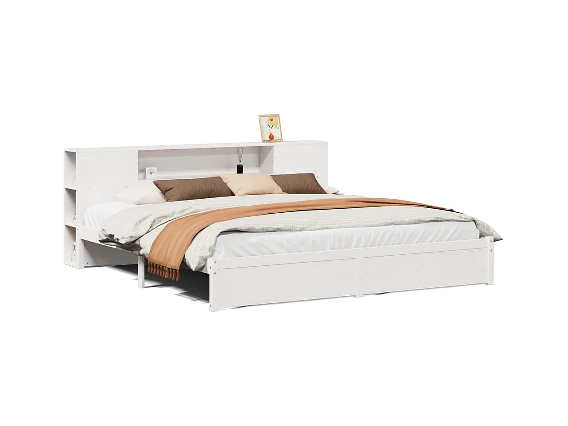 Lit bibliothèque sans matelas blanc 200x200 cm bois pin massif