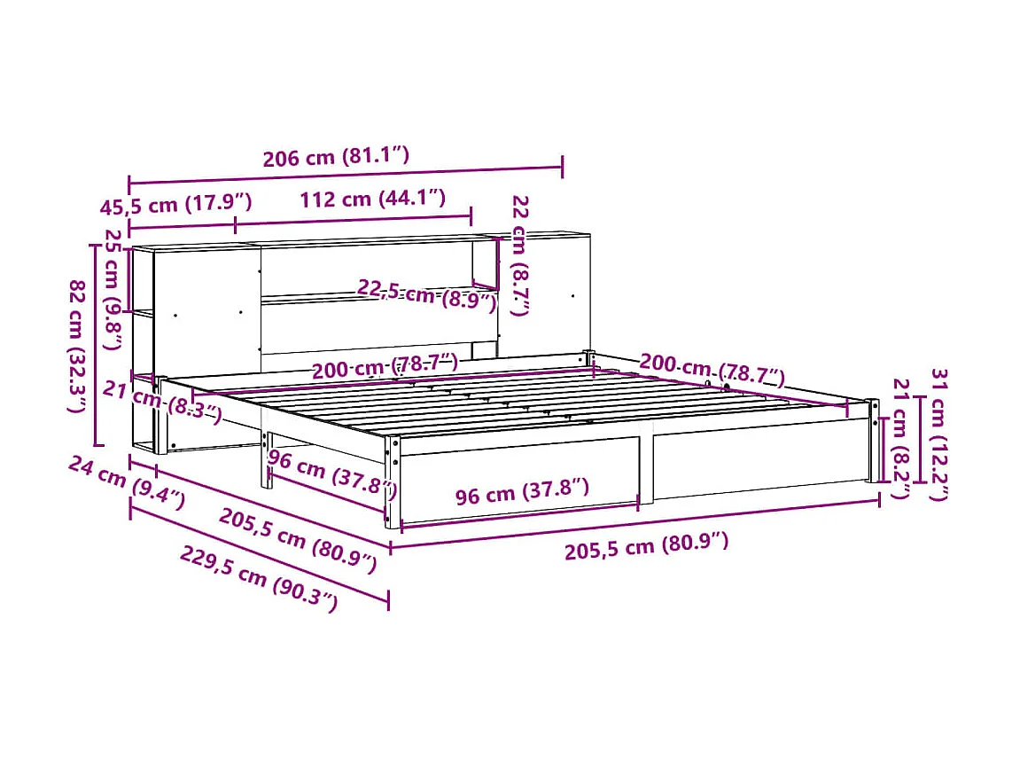 Bed met boekenkast zonder matras grenenhout wit 200x200 cm