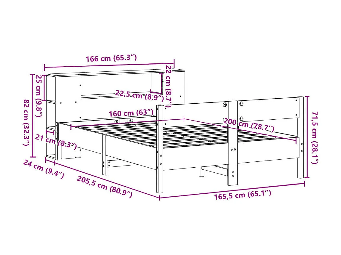Massivholzbett mit Regal ohne Matratze Weiß 160x200 cm Kiefer