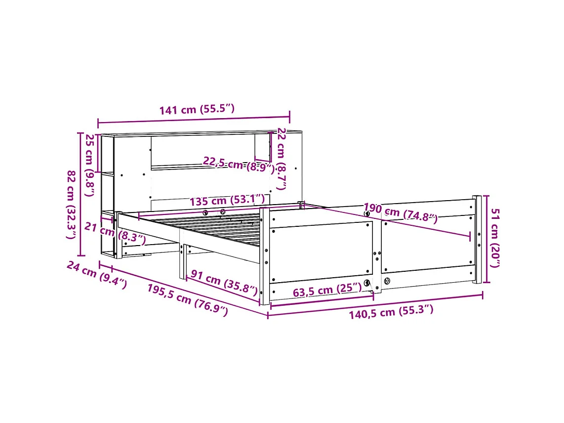 Lit bibliothèque sans matelas blanc 135x190 cm bois pin massif
