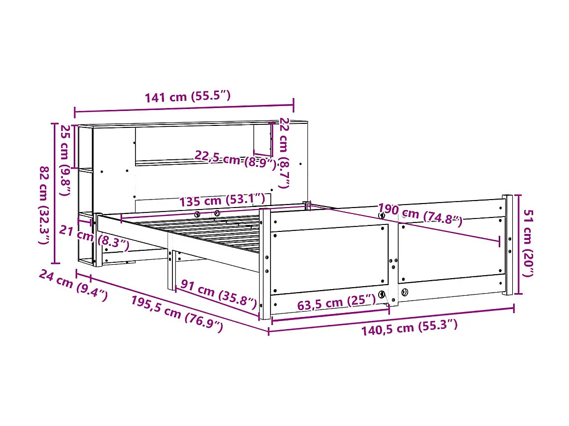 Cama con estantería sin colchón madera maciza blanca 135x190 cm