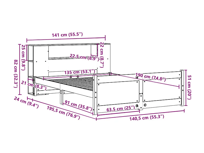 Lit bibliothèque sans matelas blanc 135x190 cm bois pin massif
