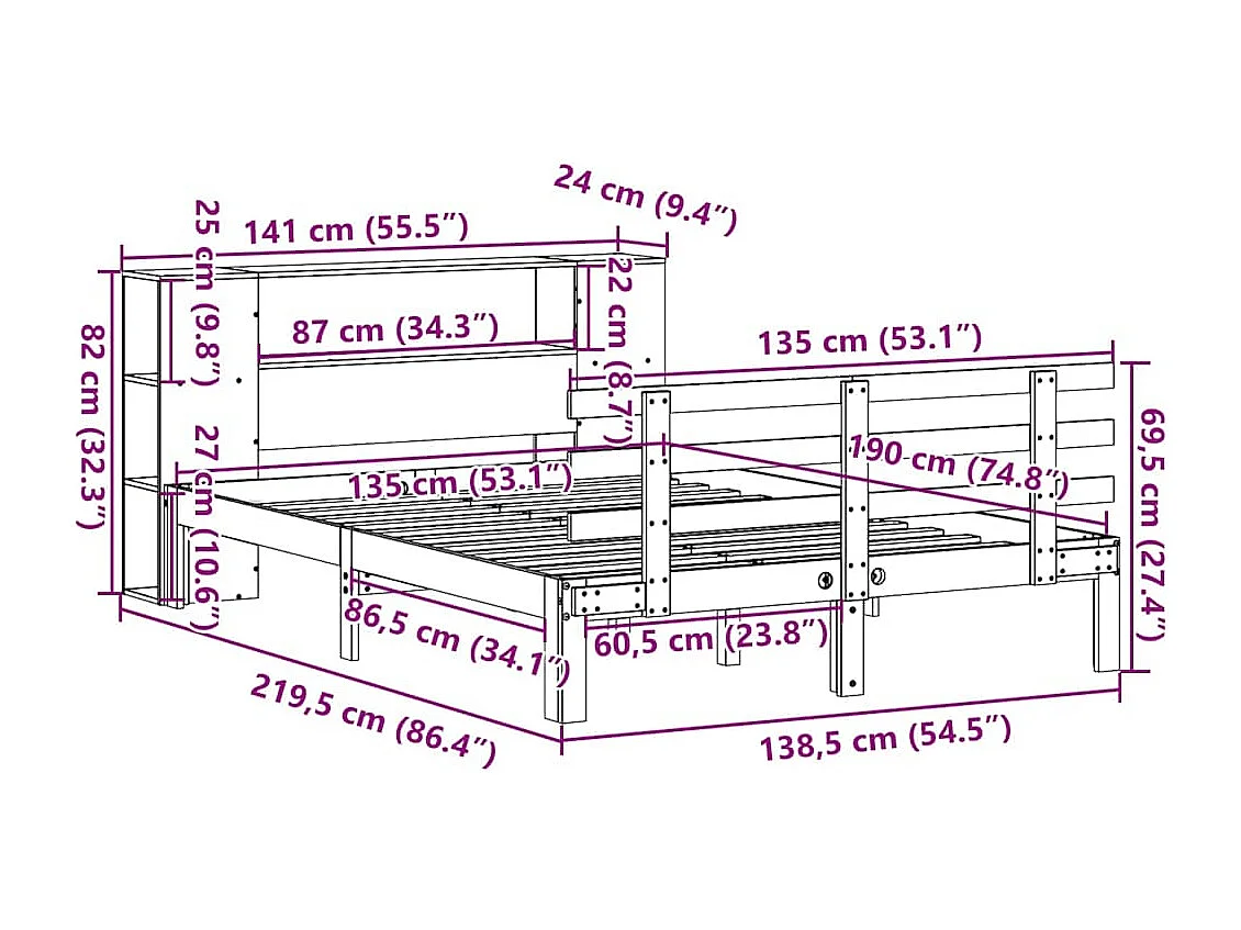Massivholzbett mit Regal ohne Matratze Weiß 135x190 cm Kiefer