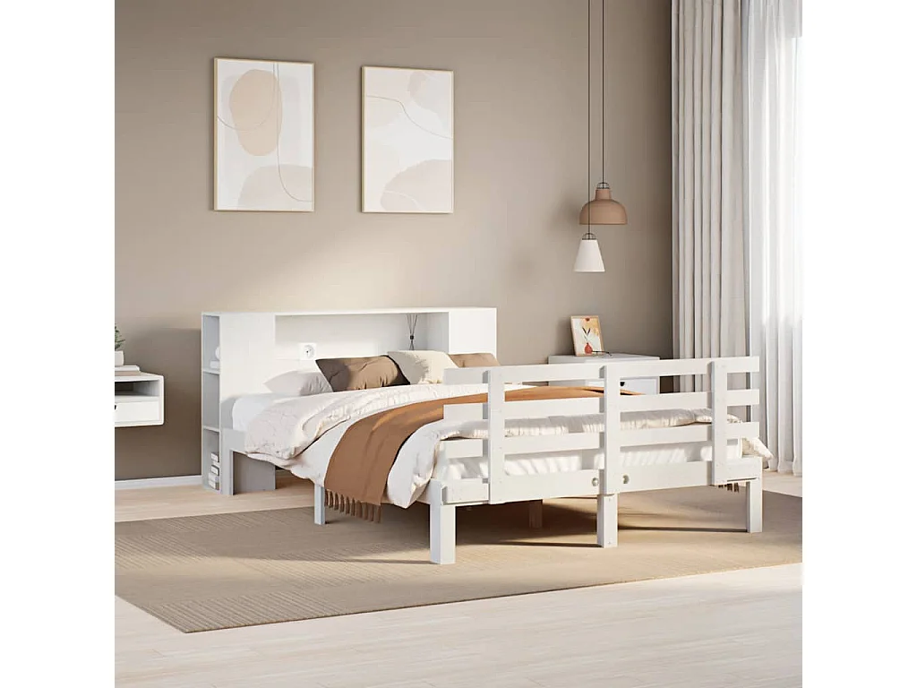 Lit bibliothèque sans matelas blanc 135x190 cm bois pin massif