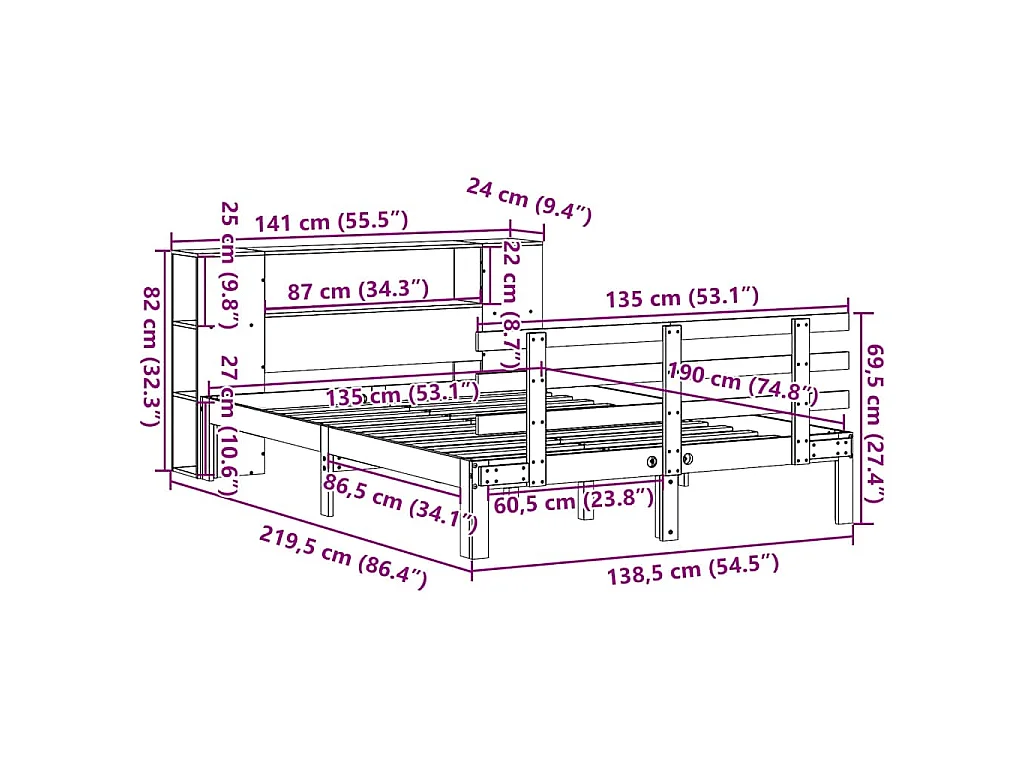 Lit bibliothèque sans matelas blanc 135x190 cm bois pin massif