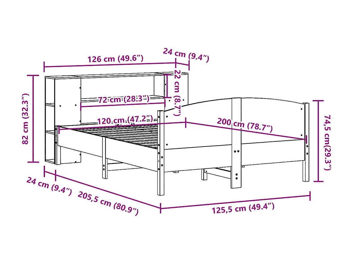 Cama con estantería sin colchón madera maciza de pino 120x200cm
