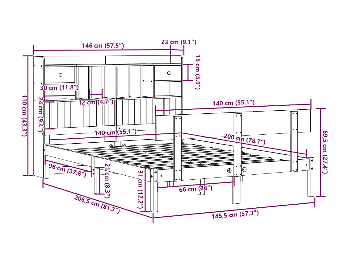 Letto Libreria senza Materasso Bianco 140x200 cm Legno di Pino