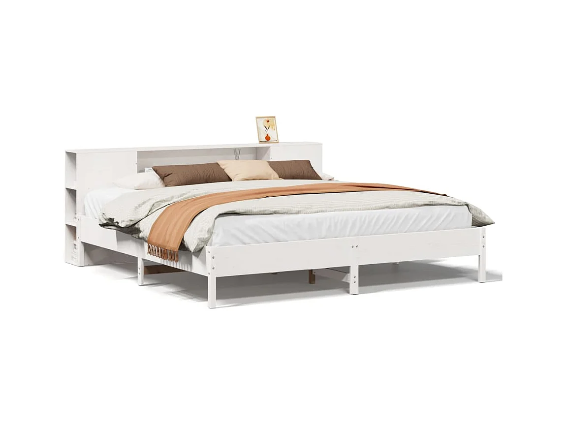 Lit bibliothèque sans matelas blanc 200x200 cm bois pin massif