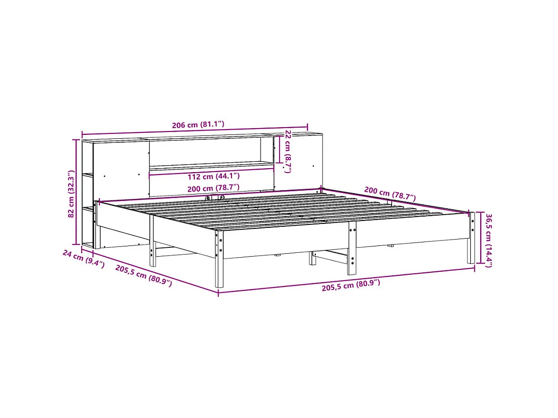 Lit bibliothèque sans matelas blanc 200x200 cm bois pin massif