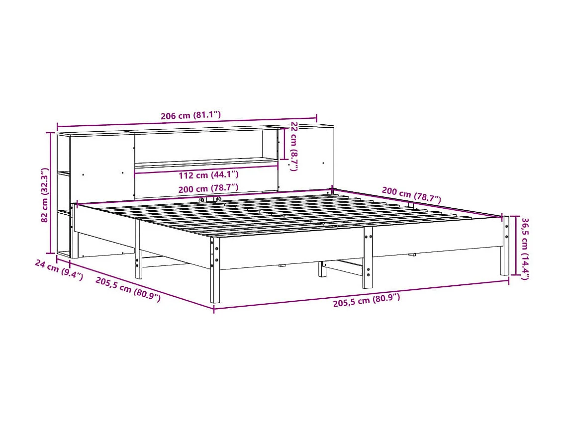 Bed met boekenkast zonder matras grenenhout wit 200x200 cm