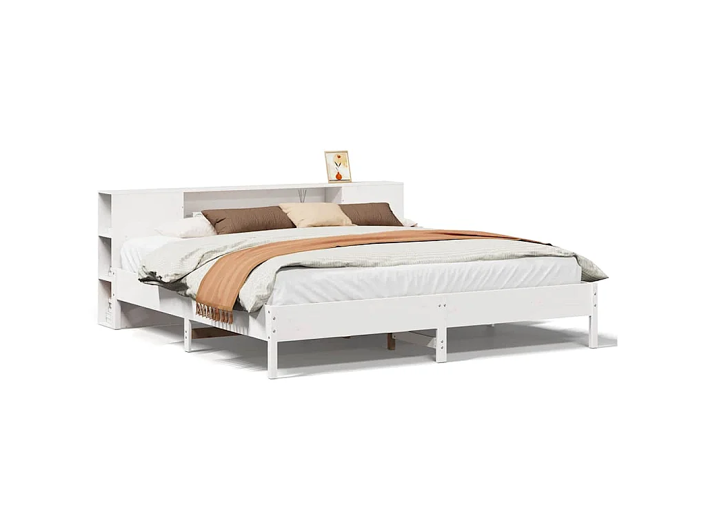 Lit bibliothèque sans matelas blanc 200x200 cm bois pin massif