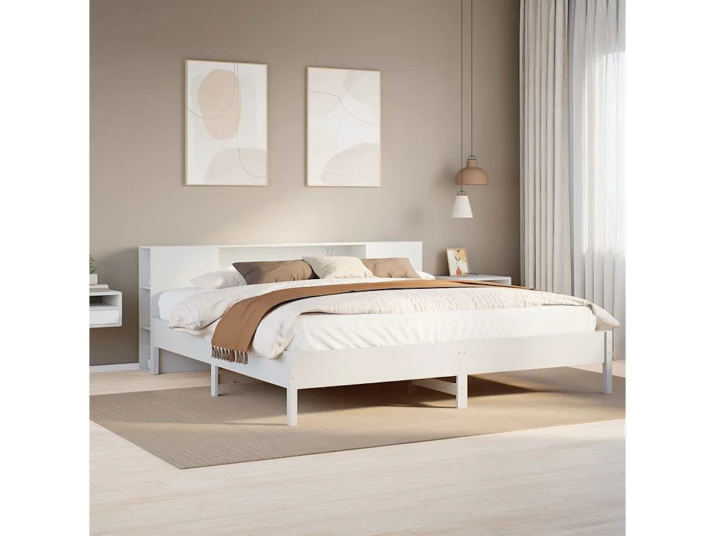 Lit bibliothèque sans matelas blanc 200x200 cm bois pin massif