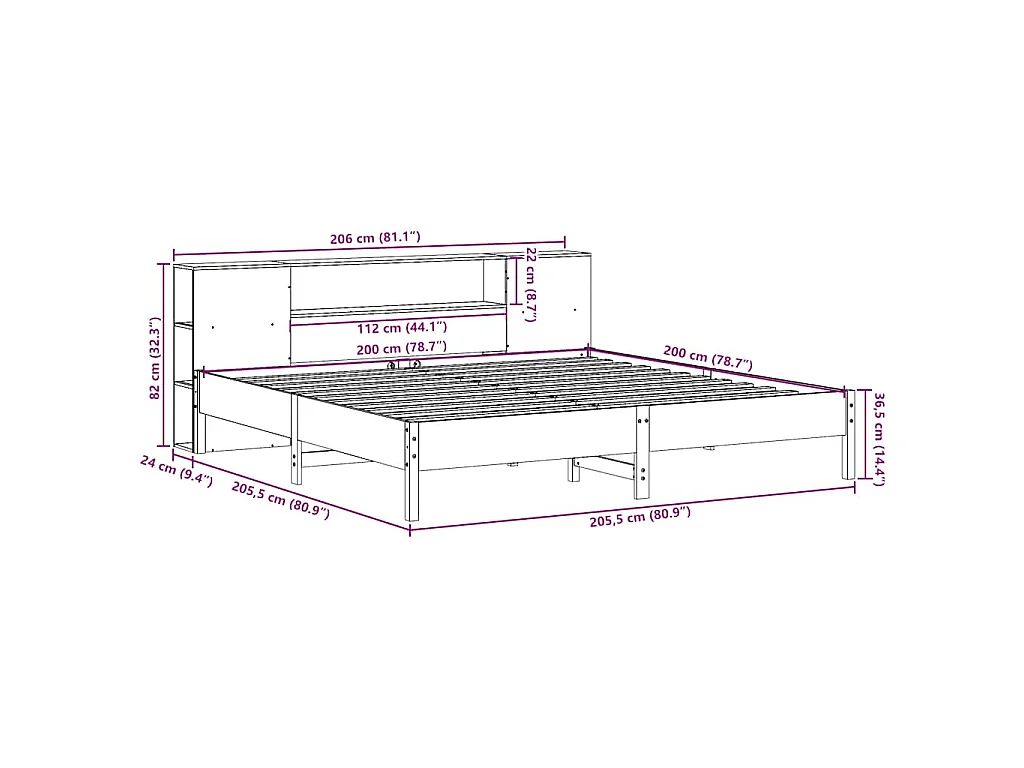 Lit bibliothèque sans matelas blanc 200x200 cm bois pin massif
