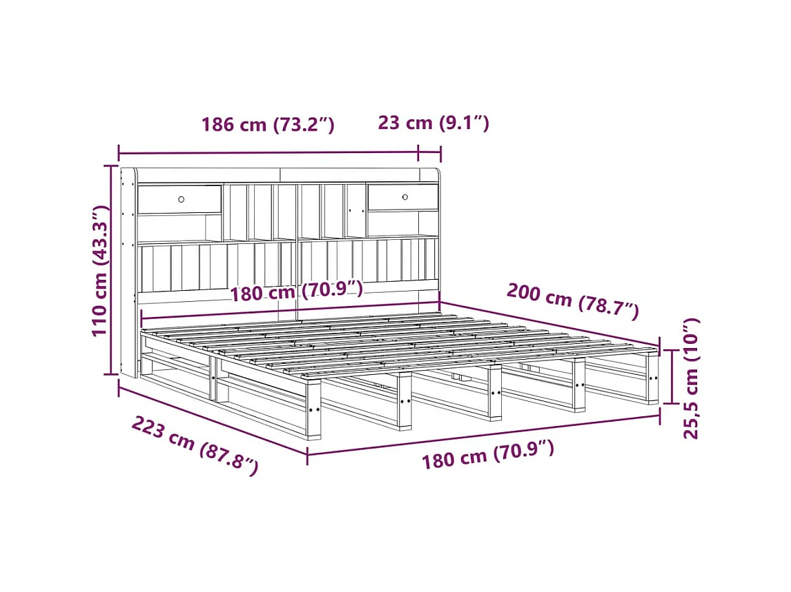 Cama con estantería sin colchón madera maciza de pino 180x200cm