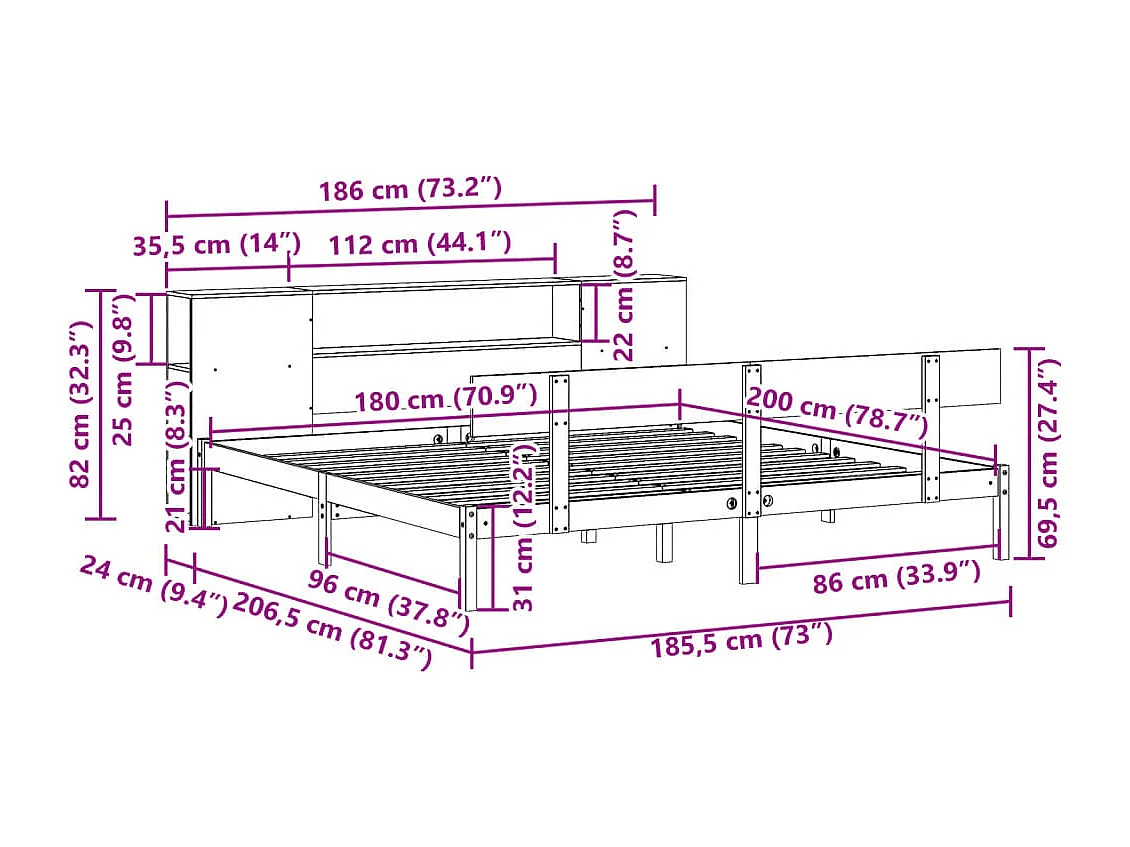 Massivholzbett mit Regal ohne Matratze 180x200 cm Kiefernholz