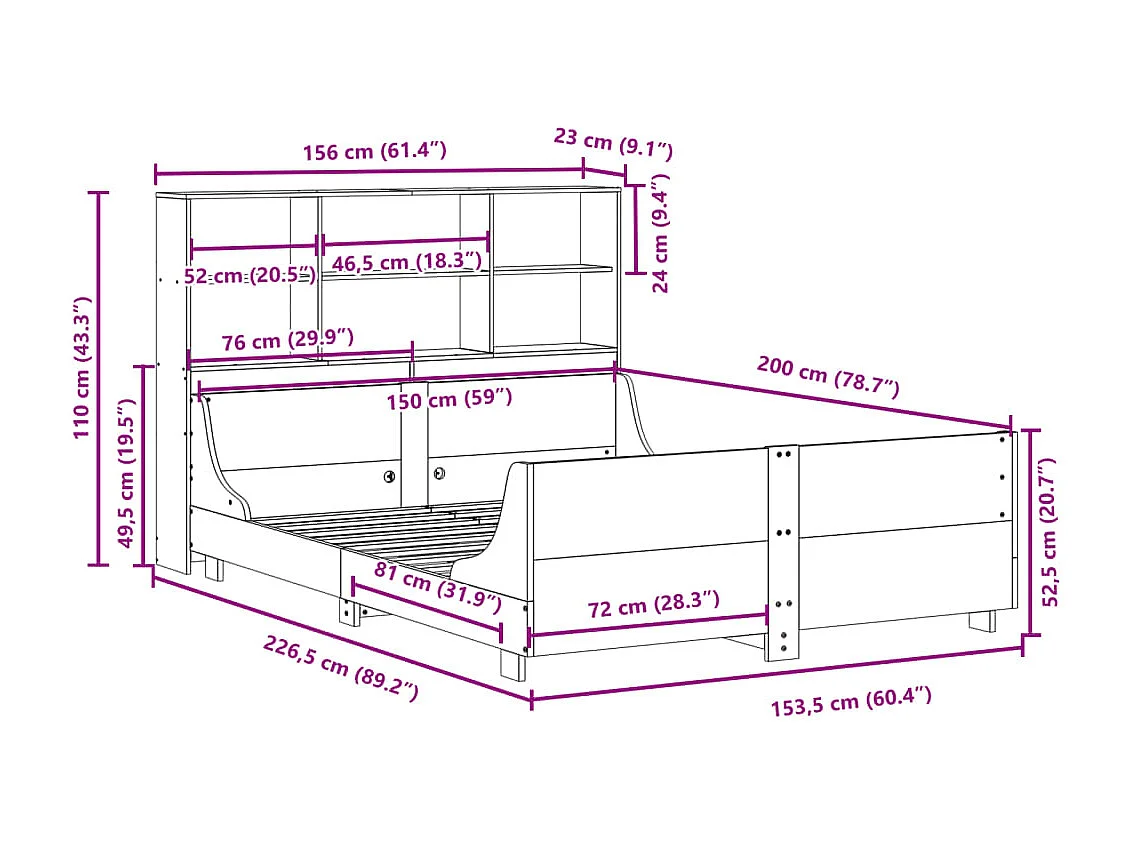 Lit bibliothèque sans matelas 150x200 cm bois massif