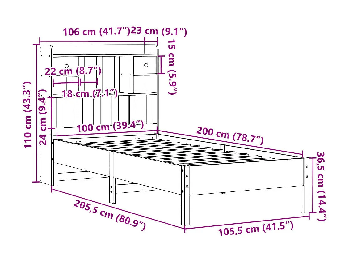 Lit bibliothèque sans matelas cire marron 100x200 cm pin massif