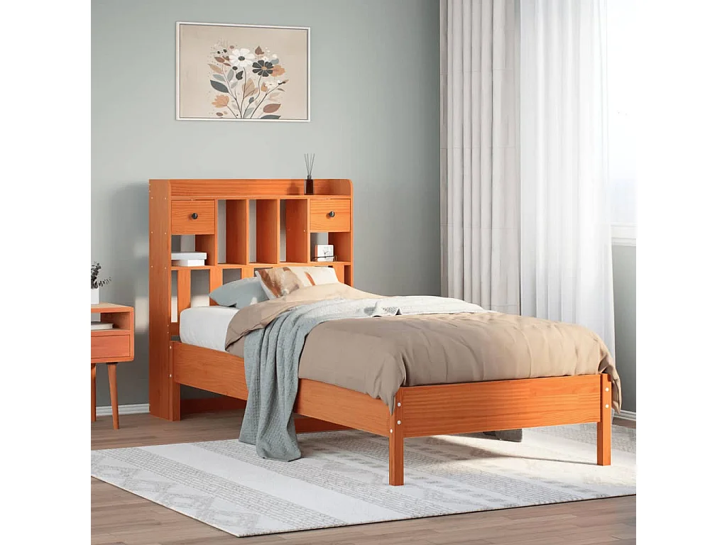 Letto Libreria senza Materasso Marrone Cera 100x200 cm in Pino