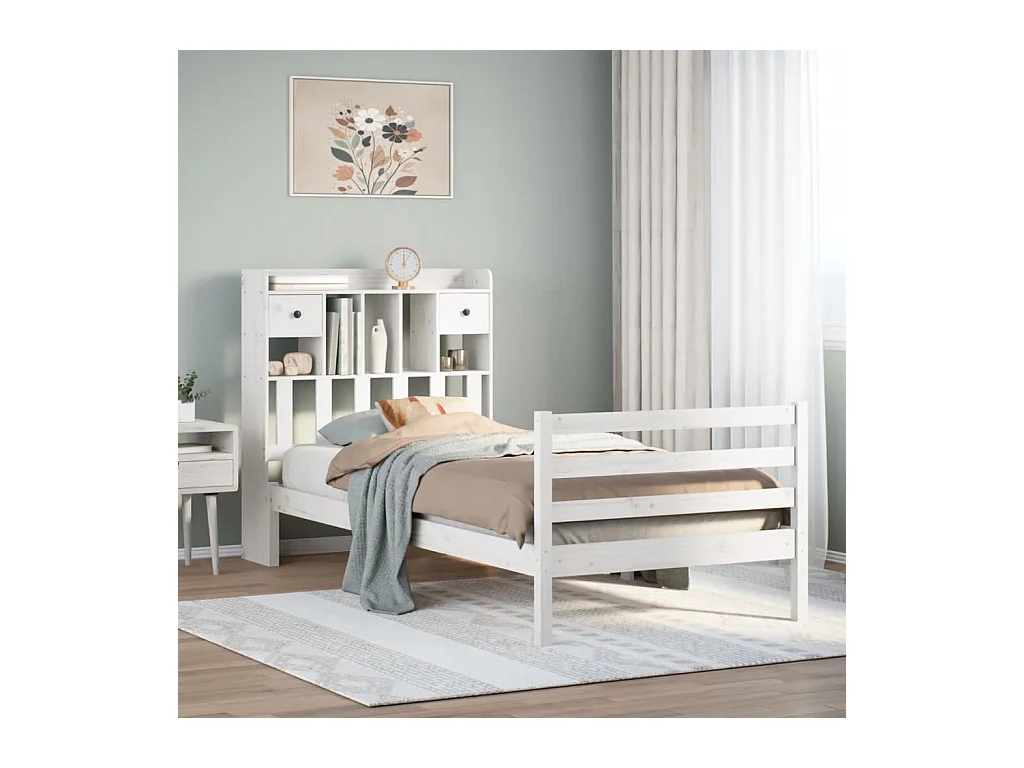 Lit bibliothèque sans matelas blanc 90x200cm bois de pin massif