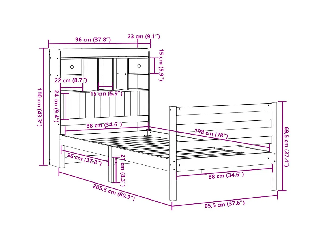 Lit bibliothèque sans matelas blanc 90x200cm bois de pin massif
