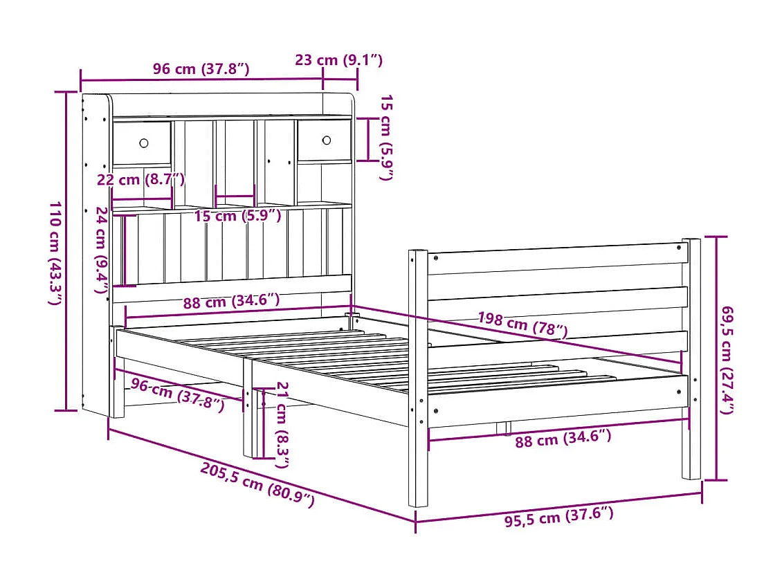 Massivholzbett mit Regal ohne Matratze Weiß 90x200 cm Kiefer