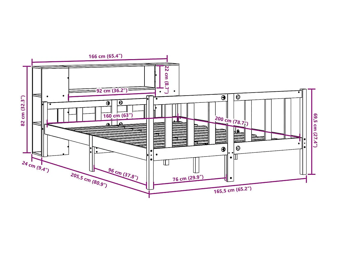 Massivholzbett mit Regal ohne Matratze 160x200 cm Kiefernholz