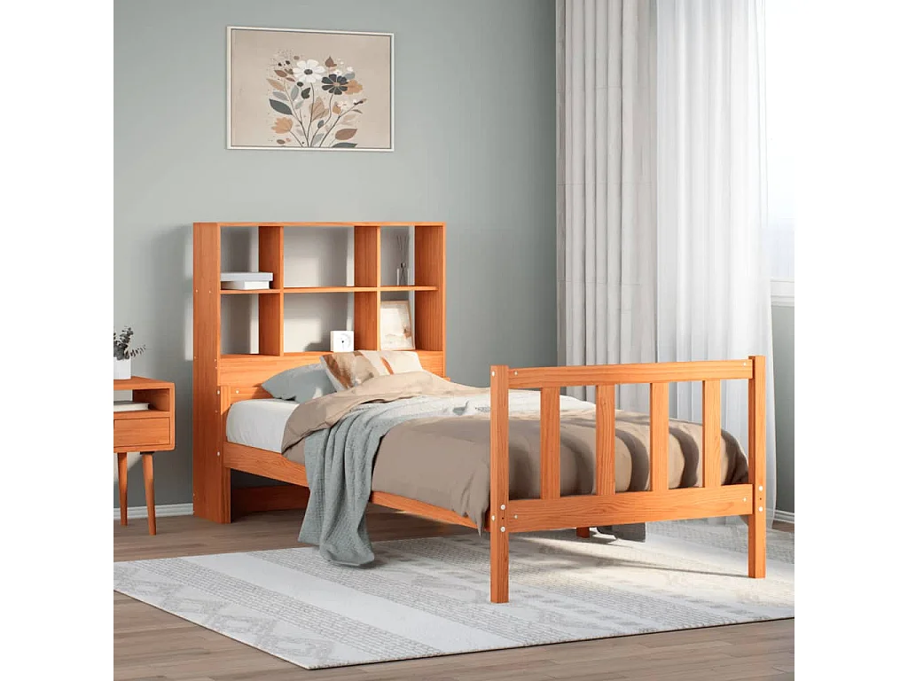 Bed met boekenkast zonder matras massief hout wasbruin 75x190cm