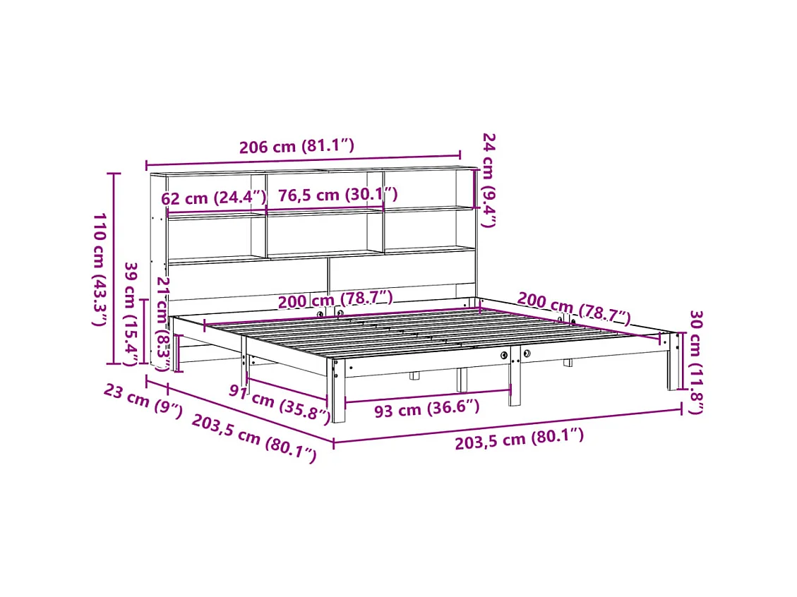 Lit bibliothèque sans matelas blanc 200x200 cm bois pin massif