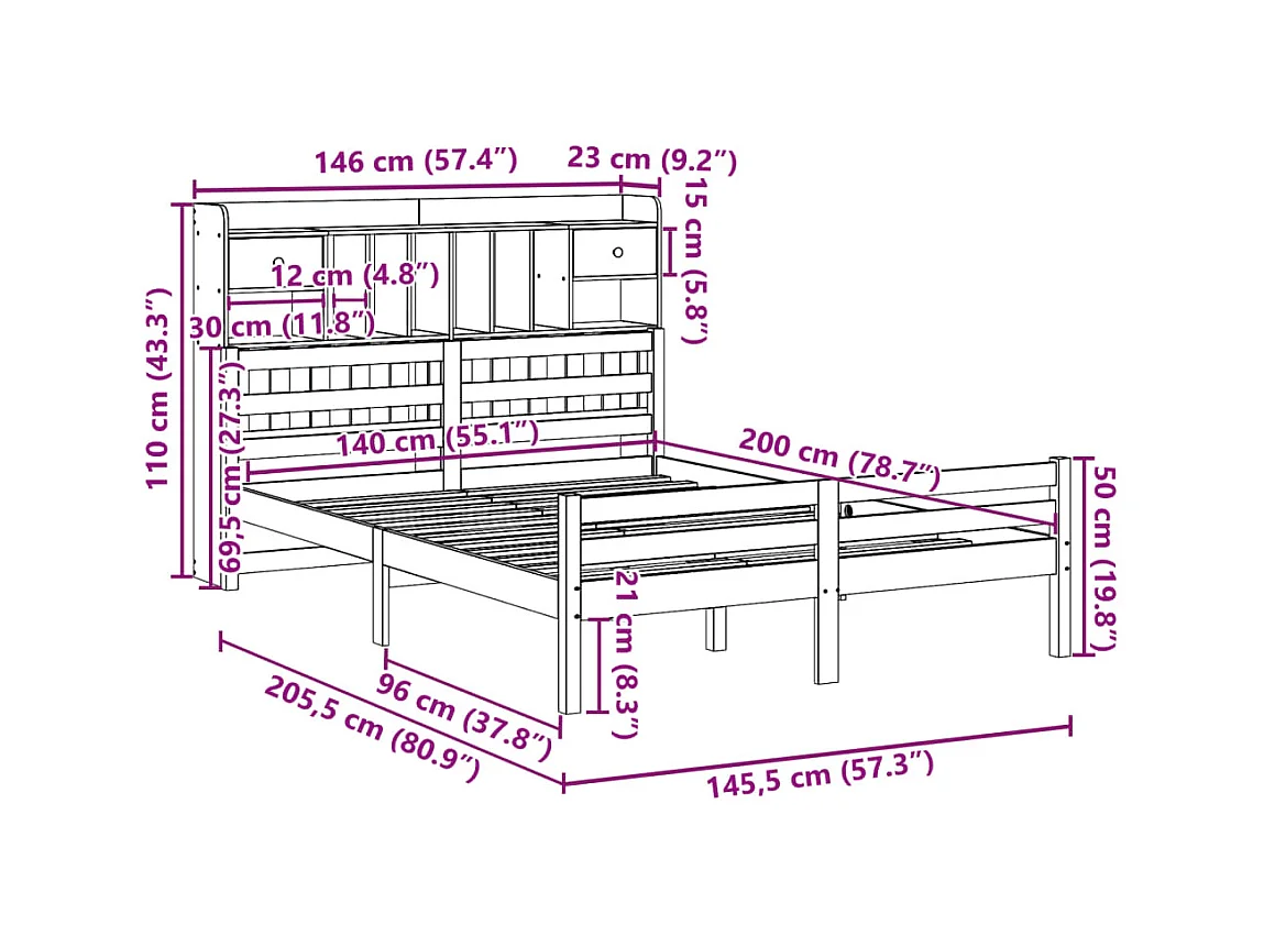 Lit bibliothèque sans matelas blanc 140x200 cm bois pin massif