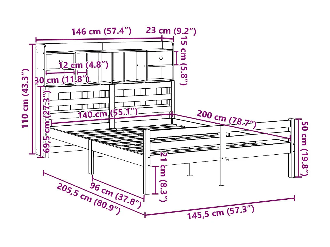 Bed met boekenkast zonder matras grenenhout wit 140x200 cm