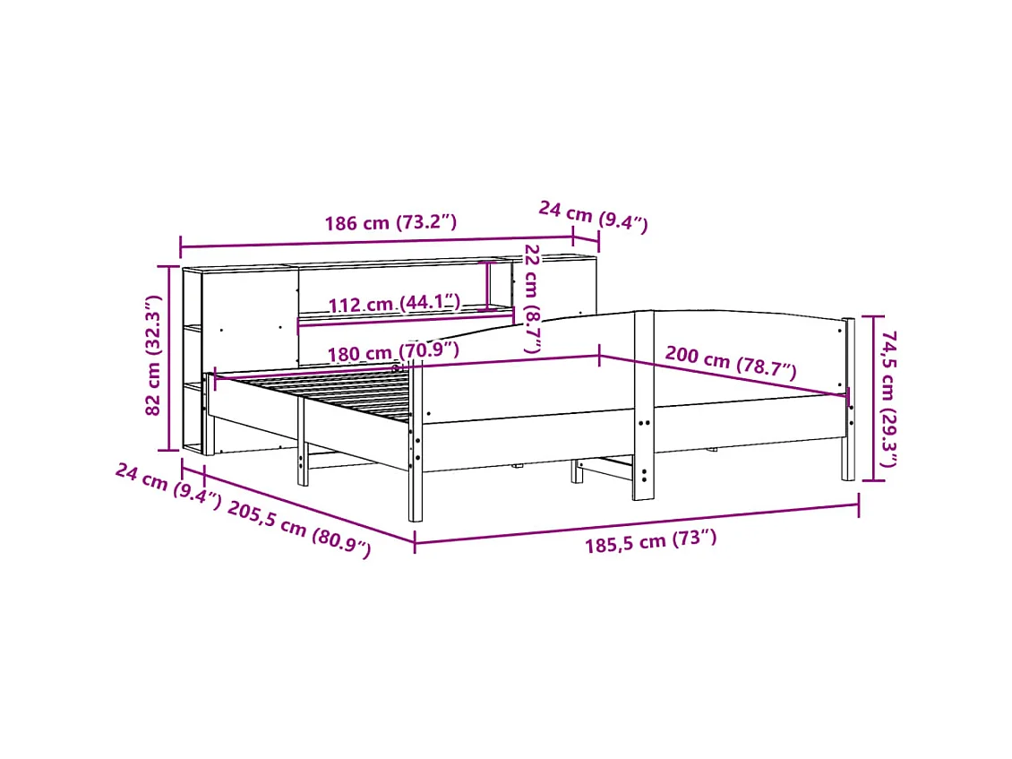 Cama com estante sem colchão 180x200 cm pinho maciço