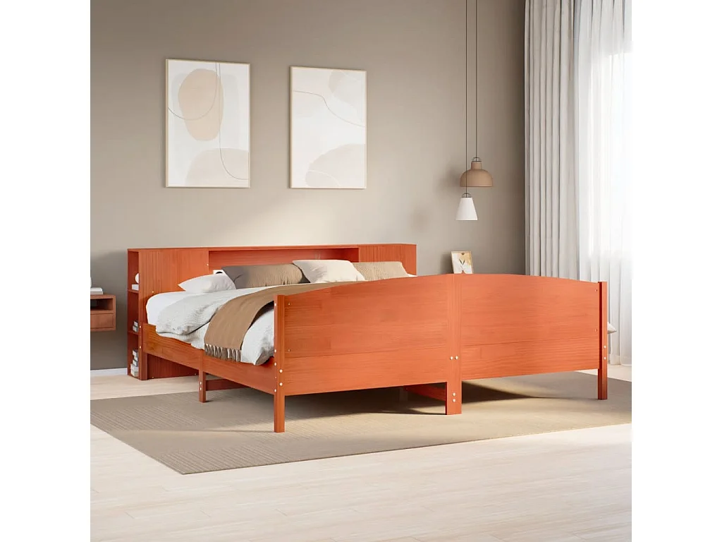 Massivholzbett mit Regal ohne Matratze Wachsbraun 180x200 cm