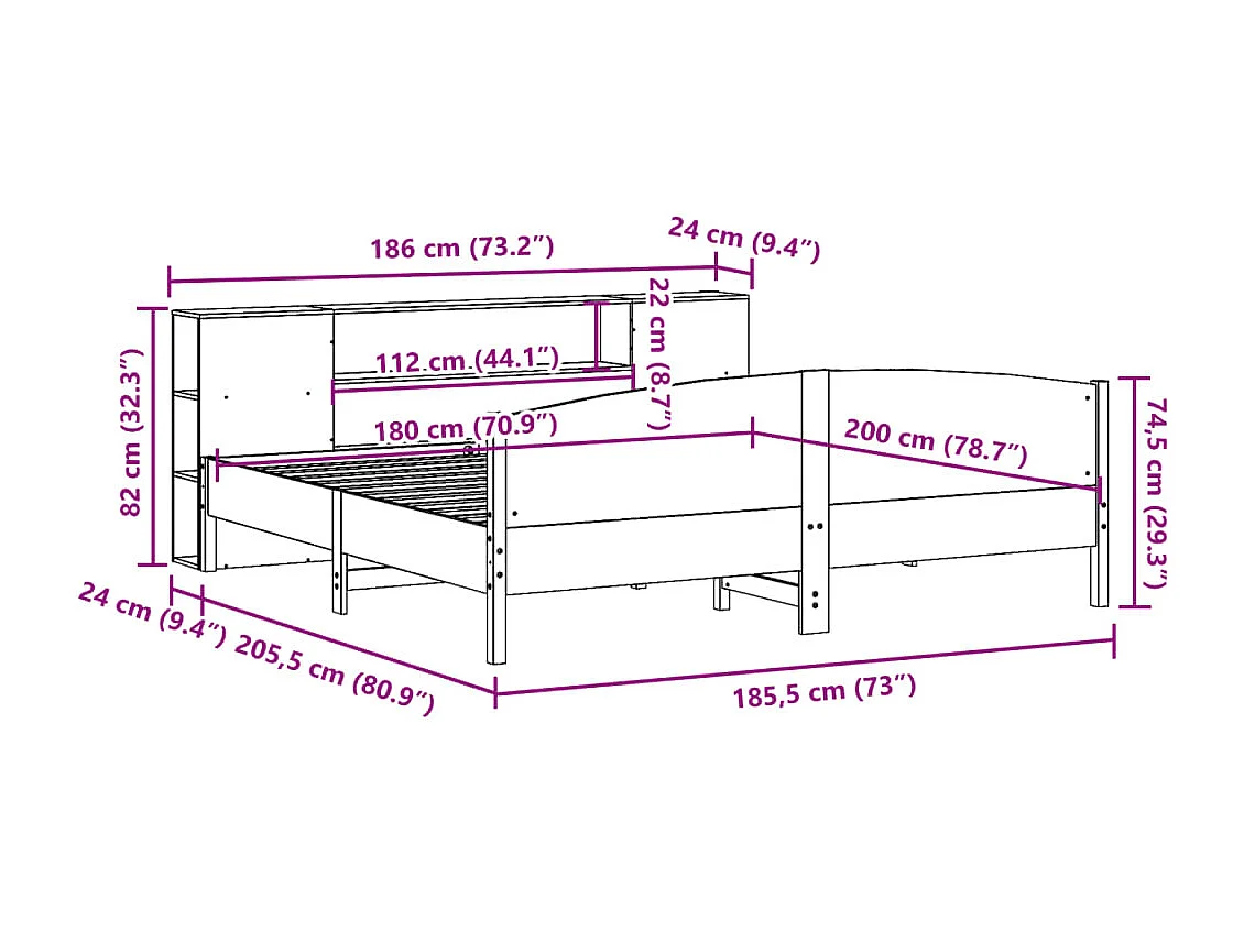 Massivholzbett mit Regal ohne Matratze Wachsbraun 180x200 cm