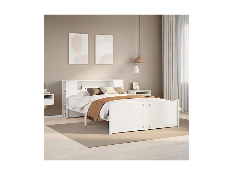 Massivholzbett mit Regal ohne Matratze Weiß 140x190 cm Kiefer