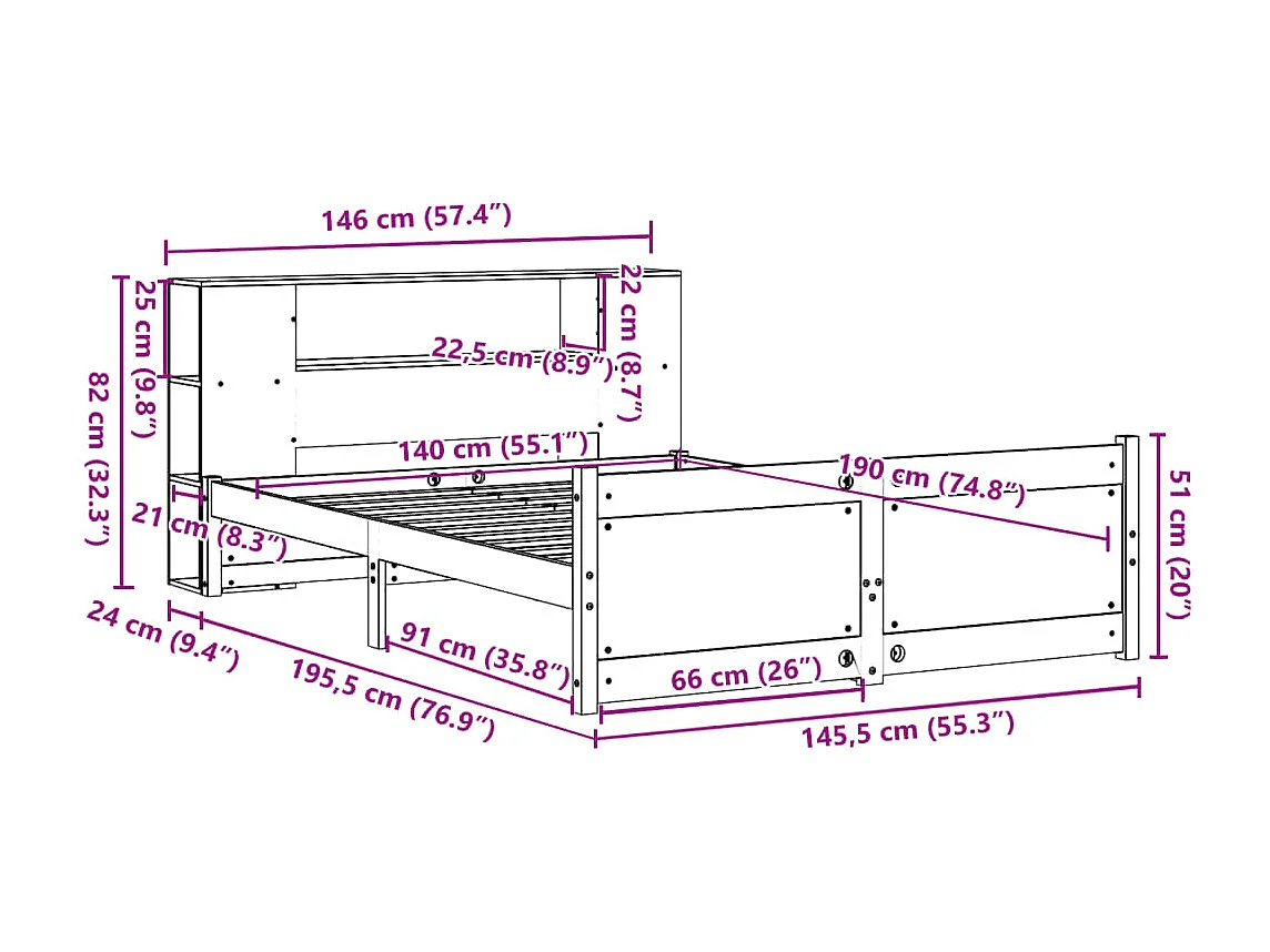 Massivholzbett mit Regal ohne Matratze Weiß 140x190 cm Kiefer