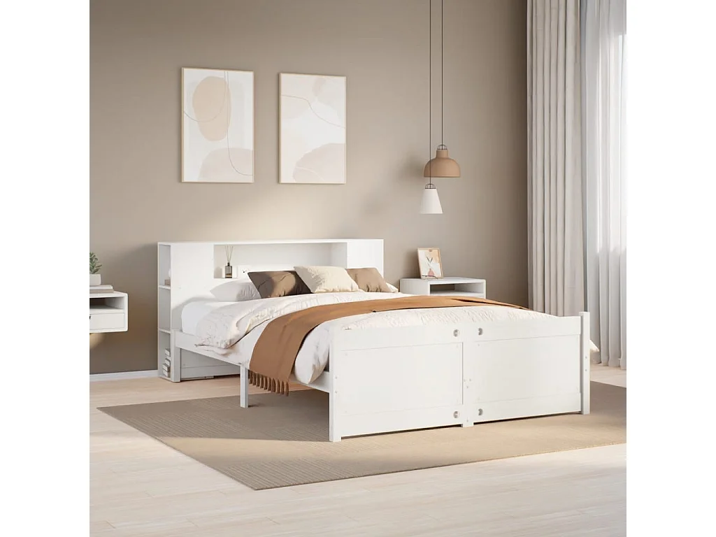 Lit bibliothèque sans matelas blanc 140x190 cm bois pin massif