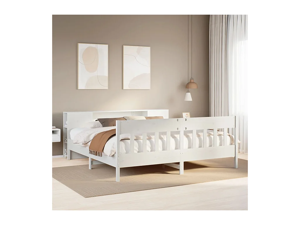 Lit bibliothèque sans matelas blanc 200x200 cm bois pin massif