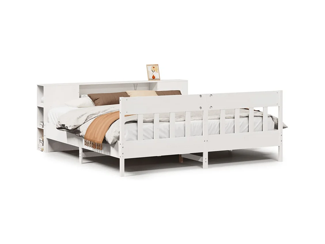 Lit bibliothèque sans matelas blanc 200x200 cm bois pin massif