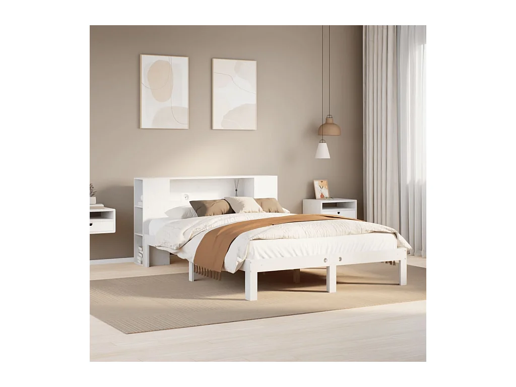 Lit bibliothèque sans matelas blanc 150x200 cm bois pin massif