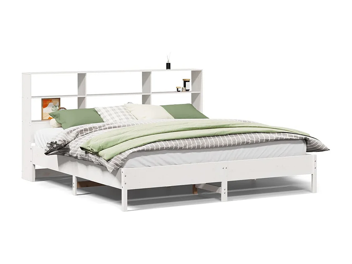 Lit bibliothèque sans matelas blanc 200x200 cm bois pin massif