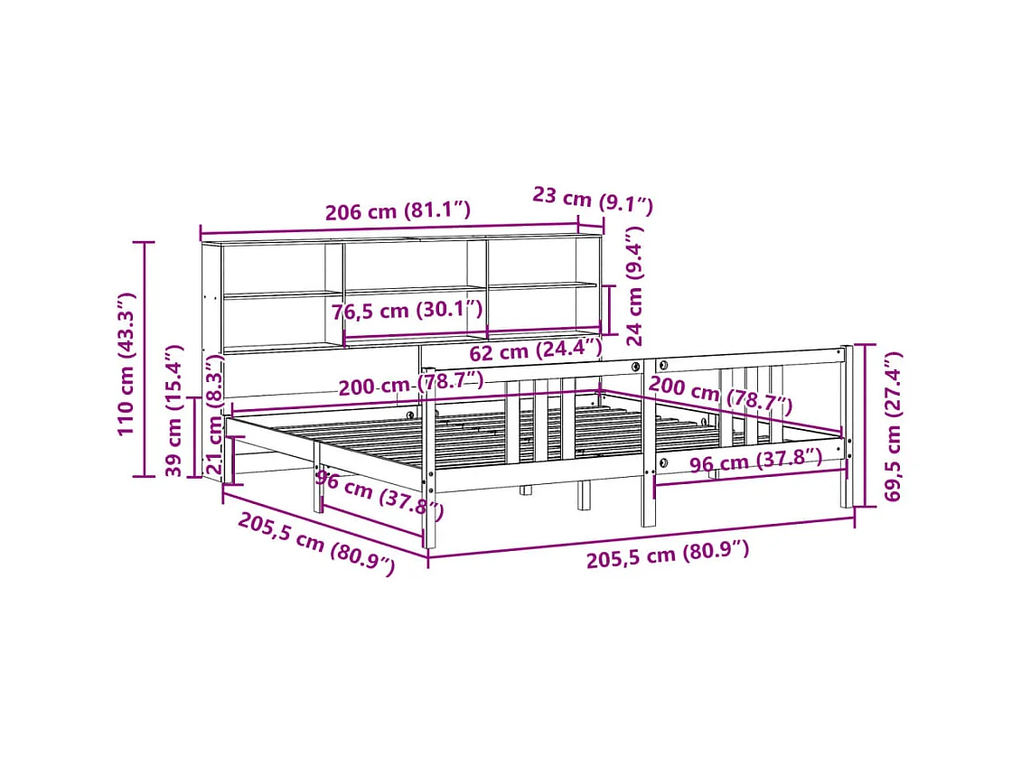 Lit bibliothèque sans matelas blanc 200x200 cm bois pin massif