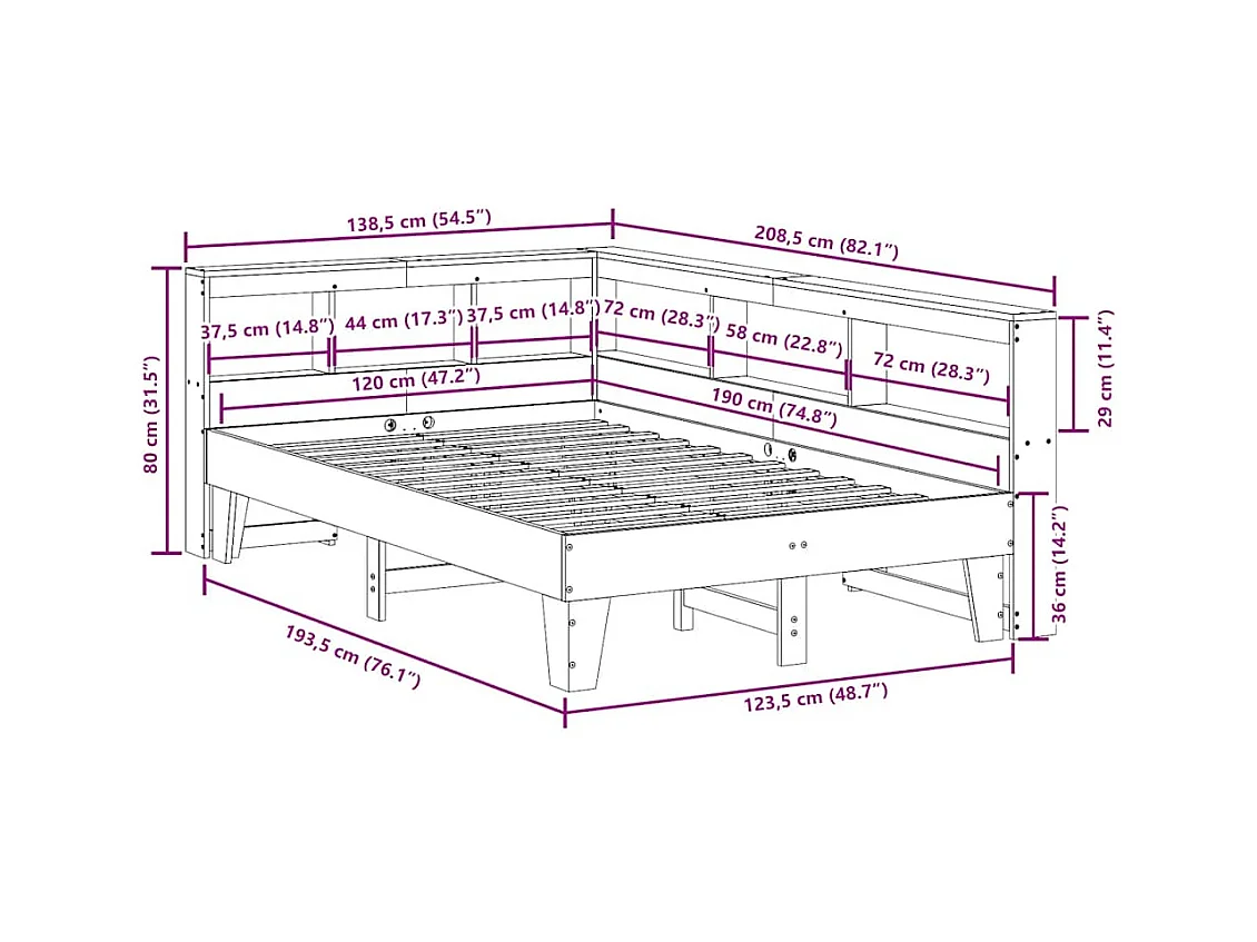Lit bibliothèque sans matelas cire marron 120x190cm pin massif