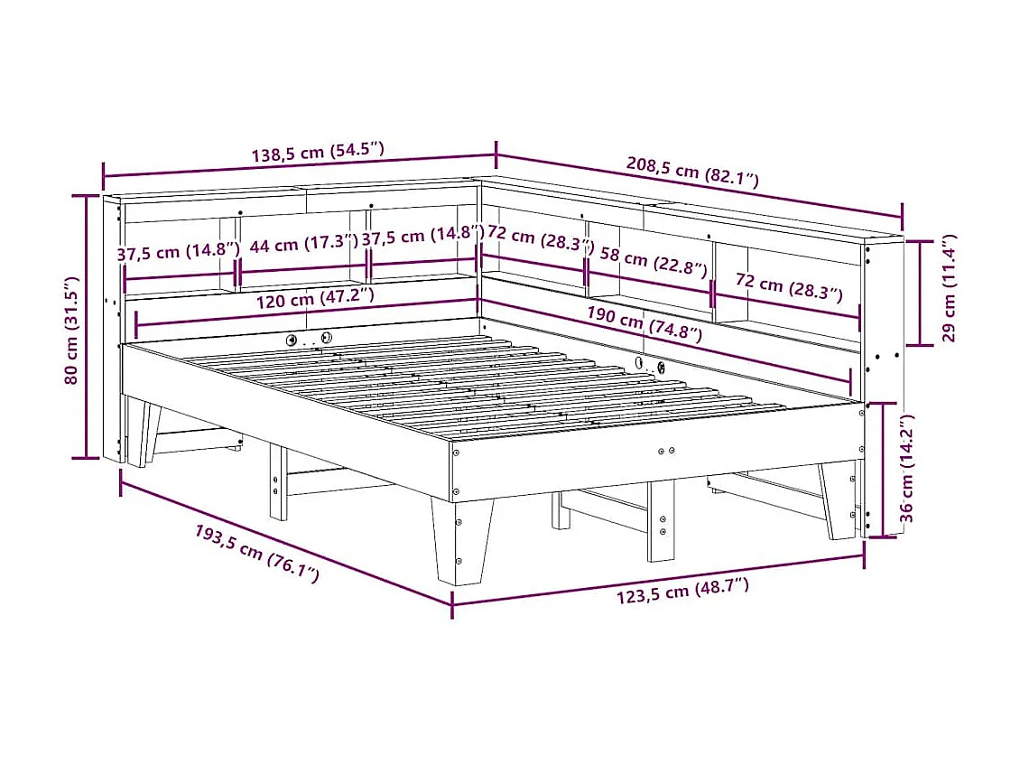 Lit bibliothèque sans matelas cire marron 120x190cm pin massif