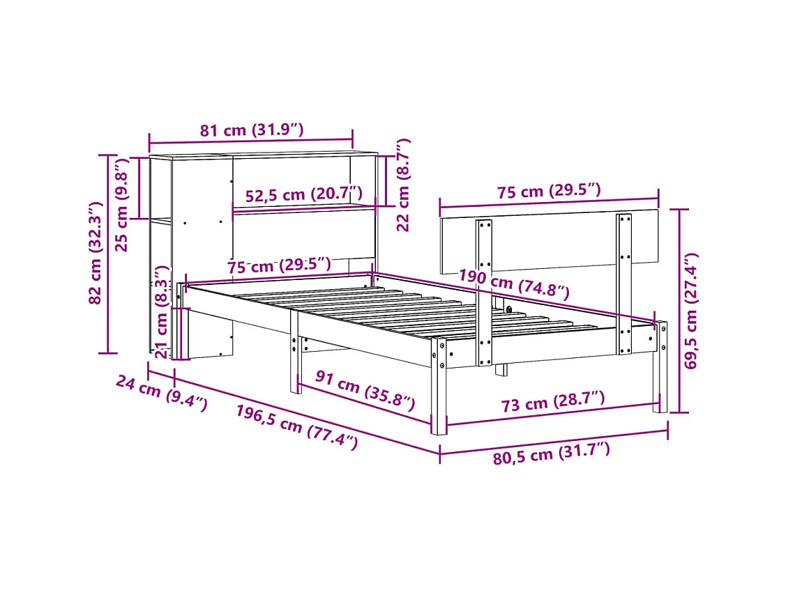 Lit bibliothèque sans matelas blanc 75x190cm bois de pin massif