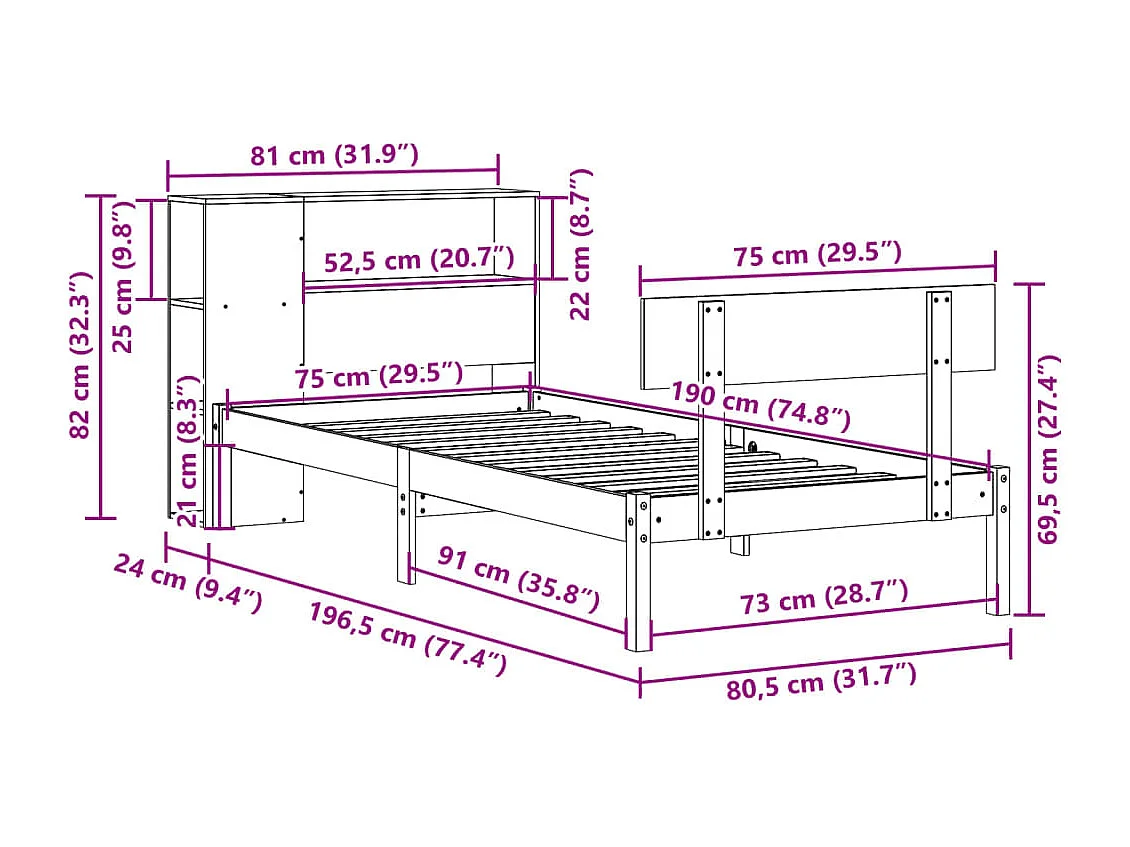 Letto con Libreria senza Materasso 75x190 cm in Legno Pino