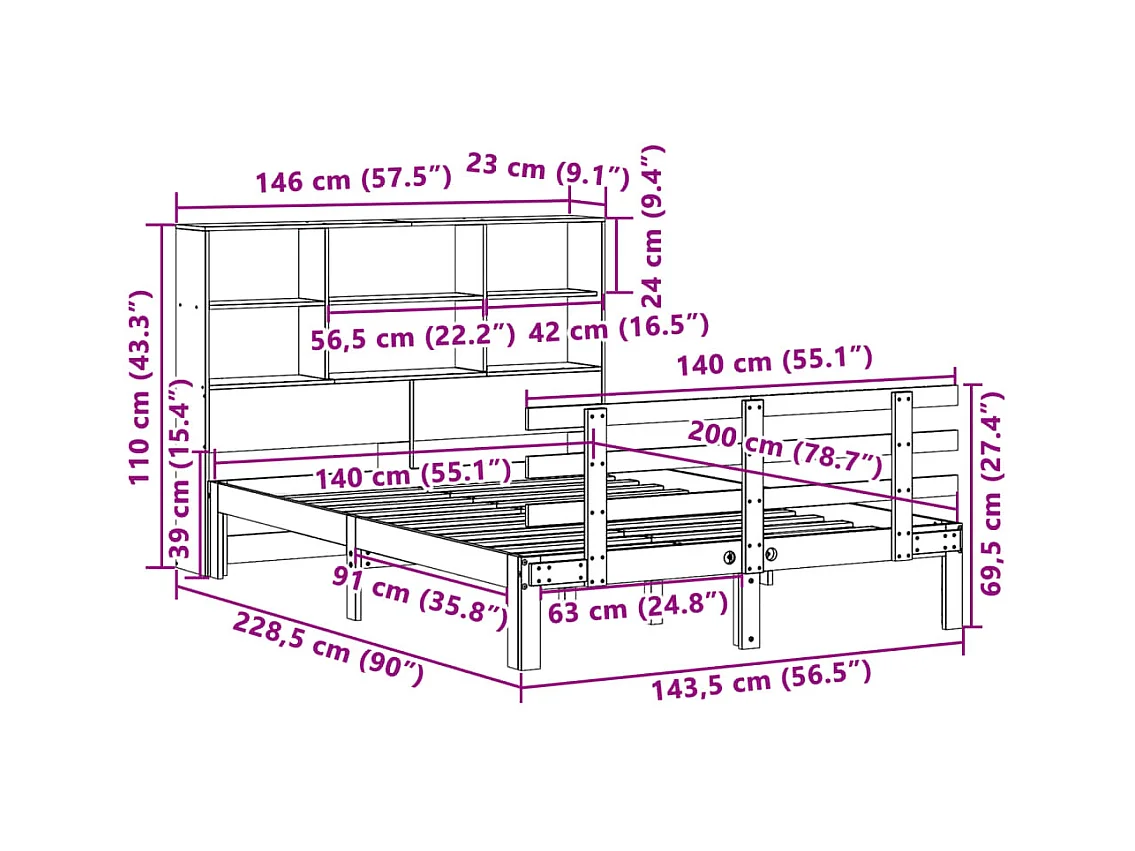 Lit bibliothèque sans matelas blanc 140x200 cm bois pin massif