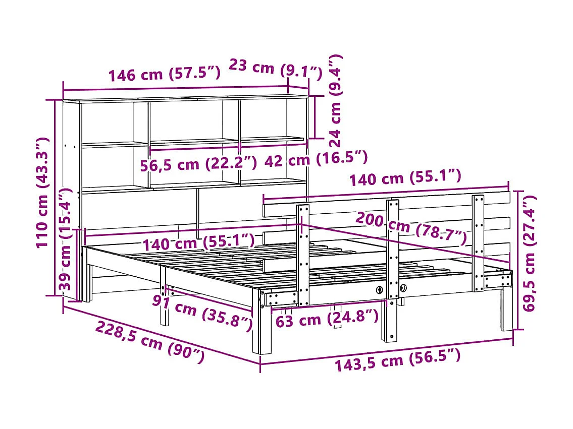 Cama con estantería sin colchón madera maciza blanca 140x200 cm